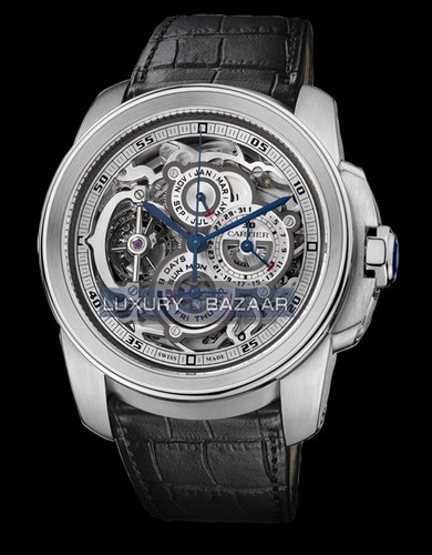 Cartier Calibre de Cartier (Platinum / Skeleton / Leather Strap)