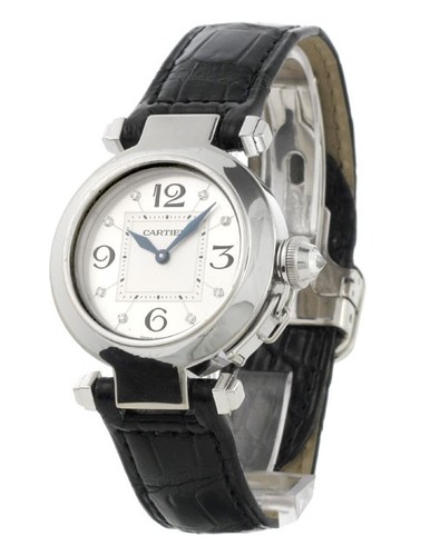 Cartier Pasha Small 1 (WG/ Silver- Diamonds / Leather)