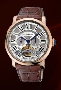 Cartier Rotonde De Cartier Single Push-Piece tourbillon Chronograph (RG / Silver / Leather)