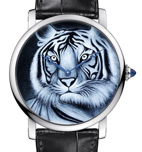 Cartier Rotonde De Cartier (WG / WG-Enamel Tiger / Leather Strap)