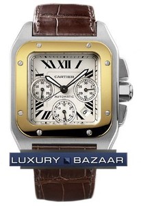 Cartier Santos 100 Chronograph (SS - YG / Silver /Croc Leather)