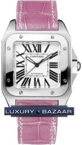 Cartier Santos 100 Medium (SS / Silver /Croc Leather Pink)