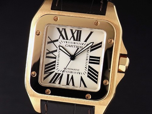 Cartier Santos 100 (RG / Silver / Crocodile Leather Strap)