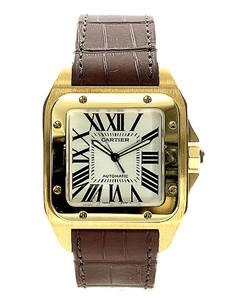 Cartier Santos 100 (YG / Silver /Croc Leather)