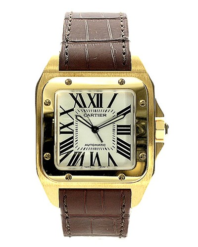 Cartier Santos 100 (YG / Silver /Croc Leather)