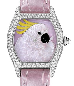 Cartier Tortue Cartier d 'Art Cockatoo (WG-Diamonds / WG-Pink MOP-Enamel / Leather Strap)