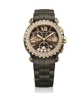 Chopard Happy Sport Chronograph (RG-Ceramic-Diamonds / Brown-Diamonds / Rubber Strap) 288515-9004