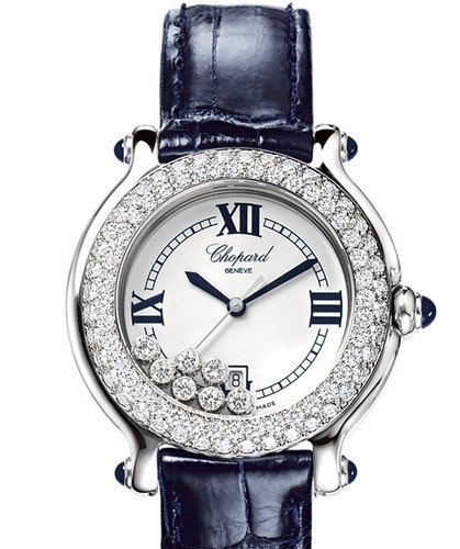 Chopard Happy Sport Round 7 Diamonds (SS-WG-Diamonds / White / Leather Strap) 278299-2003