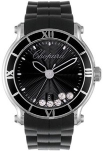 Chopard Happy Sport Round (SS / Black-Diamonds / Rubber Strap) 288525-3005
