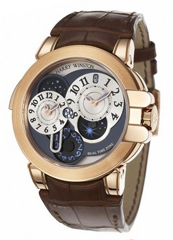 Harry Winston Ocean Dual Time (RG / Silver - Skeleton / Brown Croc Leather) 400 / MATZ44RL.W