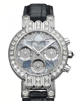 Harry Winston Premier Excenter Lotus Ladies (WG-Diamonds / Blue MOP-Diamonds / Leather) 200 / UCQ32WL.MKD02 / 00 Right