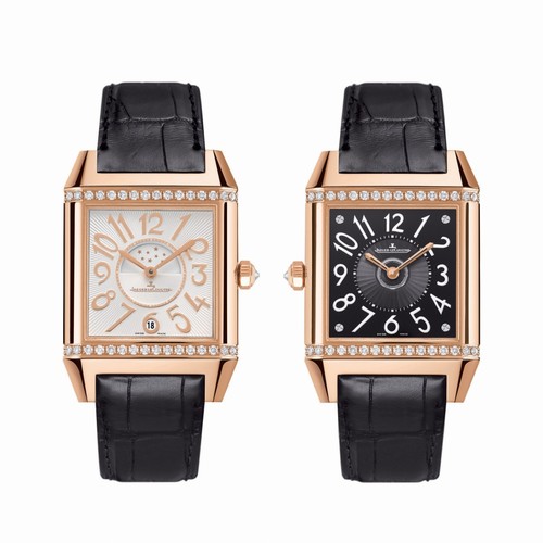 Jaeger LeCoultre Reverso Squadra Ladies Duetto Q7052420 (RG-Diamonds / Silver-Black / Leather)