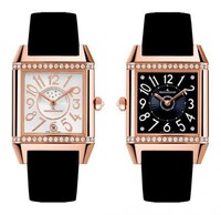 Jaeger LeCoultre Reverso Squadra Ladies Duetto Q7052720 (RG-Diamonds / Silver-Black / Articulated Rubber Strap)