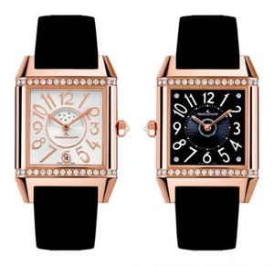 Jaeger LeCoultre Reverso Squadra Ladies Duetto Q7052720 (RG-Diamonds / Silver-Black / Articulated Rubber Strap)