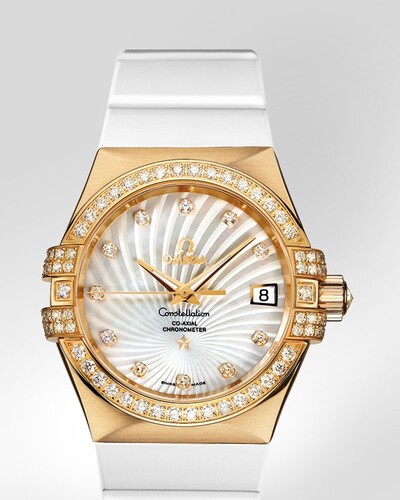 Omega Constellation Chronometer with Diamonds (YG / White-Mother-of-Pearl / Strap) 123.57.35.20.55.003