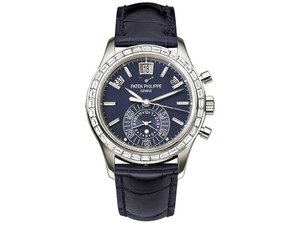 Patek Philippe Annual Calendar Chronograph 5961P Platinum-Baguette Diamonds / Blue / Leather Strap