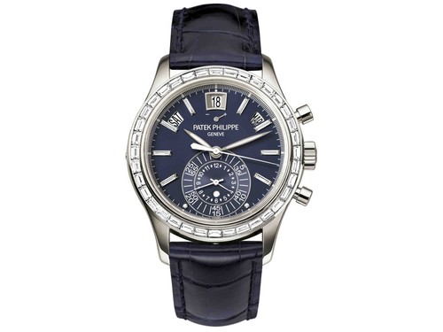 Patek Philippe Annual Calendar Chronograph 5961P Platinum-Baguette Diamonds / Blue / Leather Strap