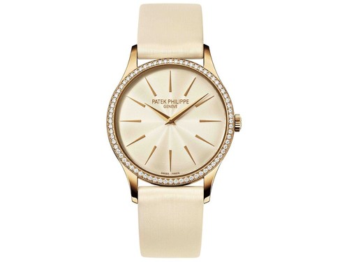 Patek Philippe Calatrava Ladies RG-Diamonds / Cream / Satin Strap 4897R