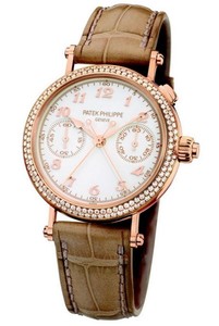 Patek Philippe Ladies First Split Second Chronograph RG-Diamonds / Cream Opaline / Beige Leather Strap 7059R