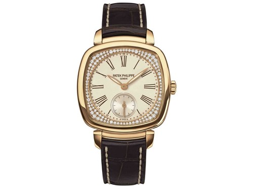 Patek Philippe Ladies Gondolo RG-Diamonds / Silver / Leather Strap 7041R