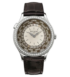 Patek Philippe Ladies World Time 7130G WG-Diamonds / Ivory-Opaline / Leather Strap