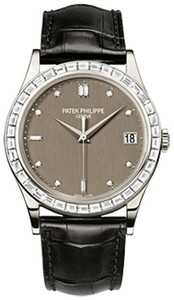 Patek Philippe Mens Calatrava Platinum-Diamonds / Brown / Leather Strap 5298P