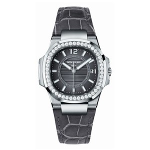 Patek Philippe Nautilus Ladies 7010G WG-Diamonds / Silver / Leather Strap