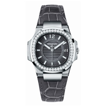 Patek Philippe Nautilus Ladies 7010G WG-Diamonds / Silver / Leather Strap