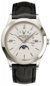 Patek Philippe Perpetual Calendar Retrograde Date Platinum / Silver / Leather Strap 5496P