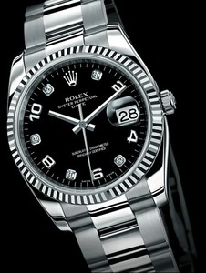 Rolex Date (SS-WG-Fluted Bezel / Black-Diamonds / SS) 115234-1