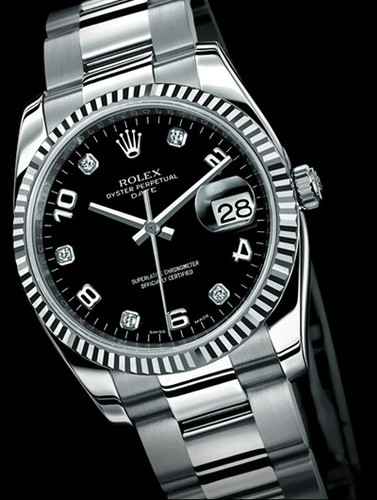 Rolex Date (SS-WG-Fluted Bezel / Black-Diamonds / SS) 115234-1