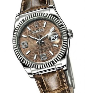 Rolex Datejust (WG-Fluted Bezel / Brown Waves-Diamonds / Leather) 116139-3